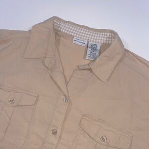White Stag Women‎ XL Tan Crinkle Short Sleeve Button Utility Shirt Gingham Trim